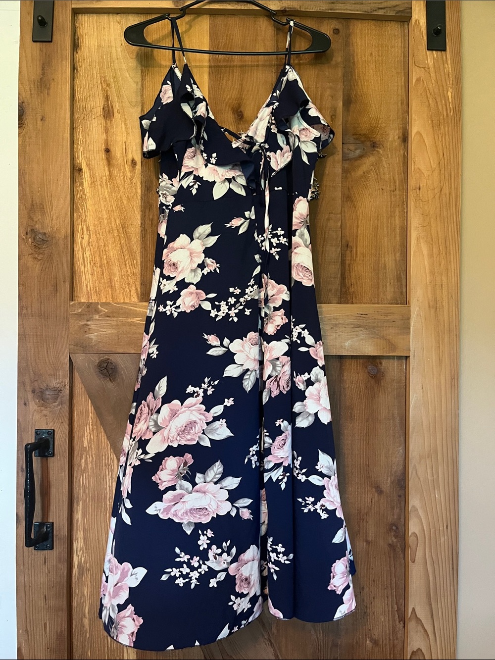 Navy Floral Ruffle-Trim Midi Dress with Pink Blooms